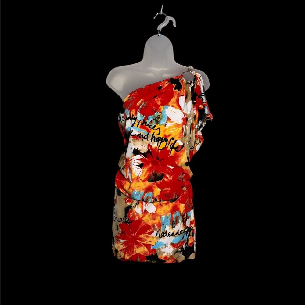 Cache Red and Orange One-Shoulder Peplum Mini Dress